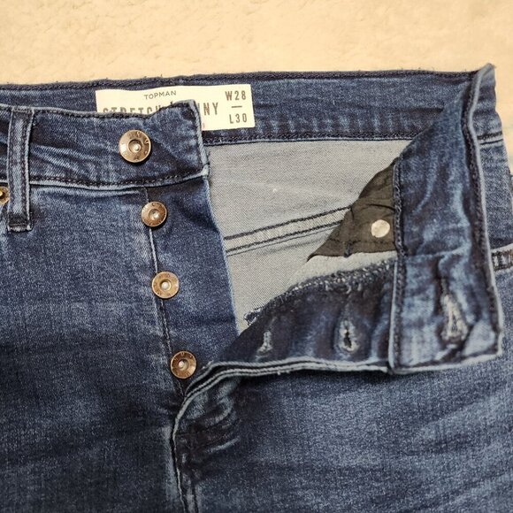 Topman Blue Stretch Skinny Jeans 28 x 30 Medium Dark Wash Button Mid Rise Casual - Picture 4 of 7